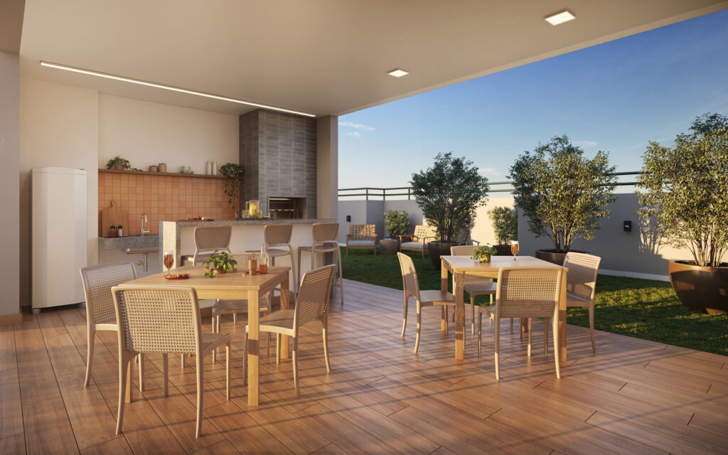 Perspectiva ilustrada da Churrasqueira no Rooftop