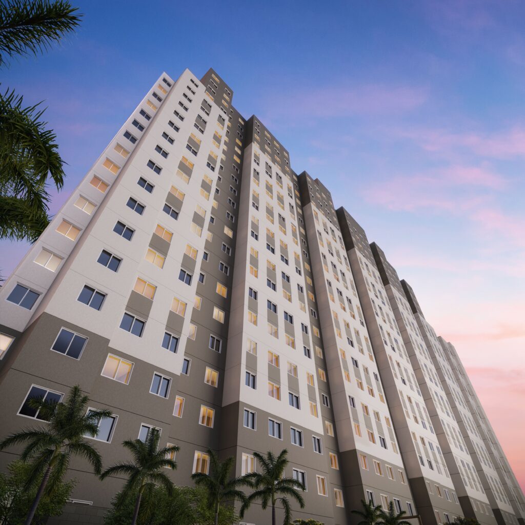 Empreendimento da Novvo, com fachada em tons neutros e janelas iluminadas.